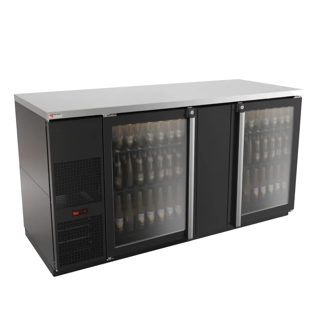 Micro Matic MBB68G-E - 69.5" Bar Cooler, 28 Cu Ft, Black Exterior, 2 Swing Glass Doors, 1/3 HP 115V