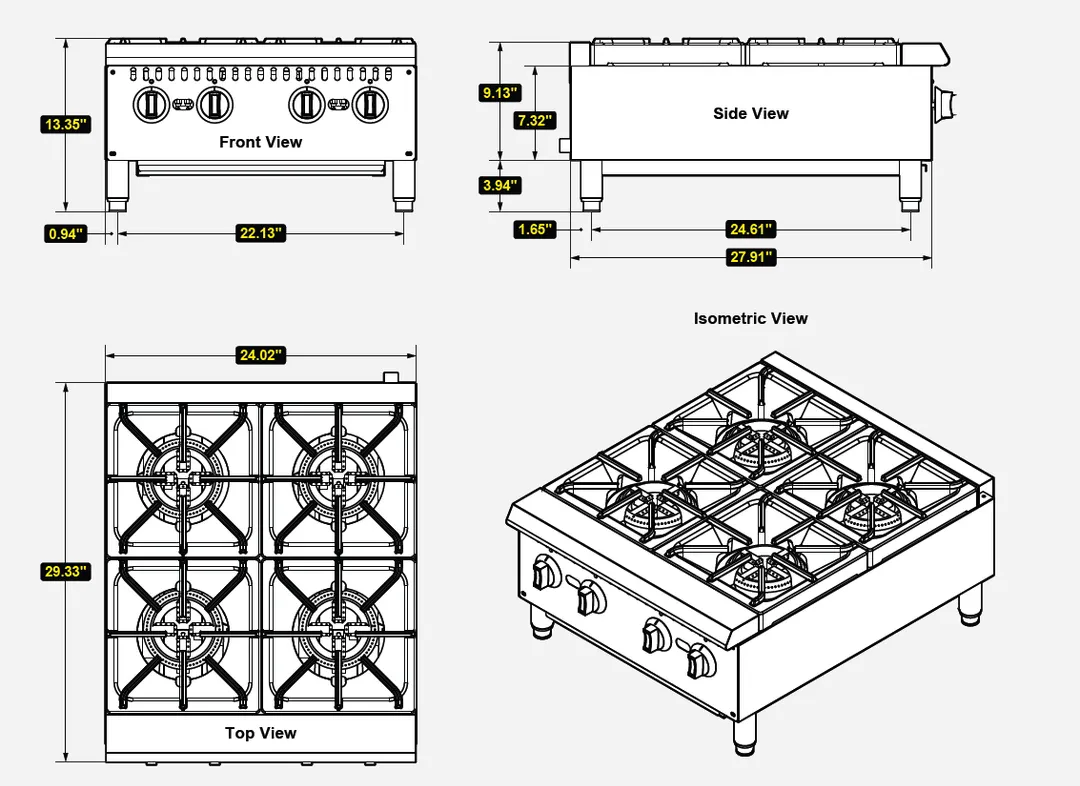 Serv-Ware SHPS-24 24" Countertop Gas Hotplate w/ (4) Burners, Manual Controls, 100.000 BTU