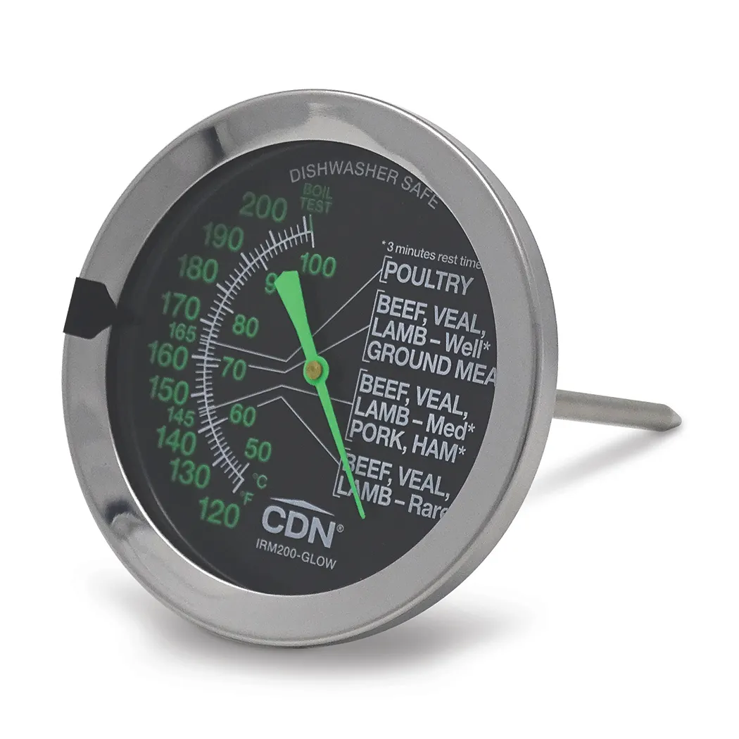 CDN IRM200-GLOW Ovenproof Meat Thermometer, 120-200°F, 2" Glow Dial, 5" Stem, Waterproof