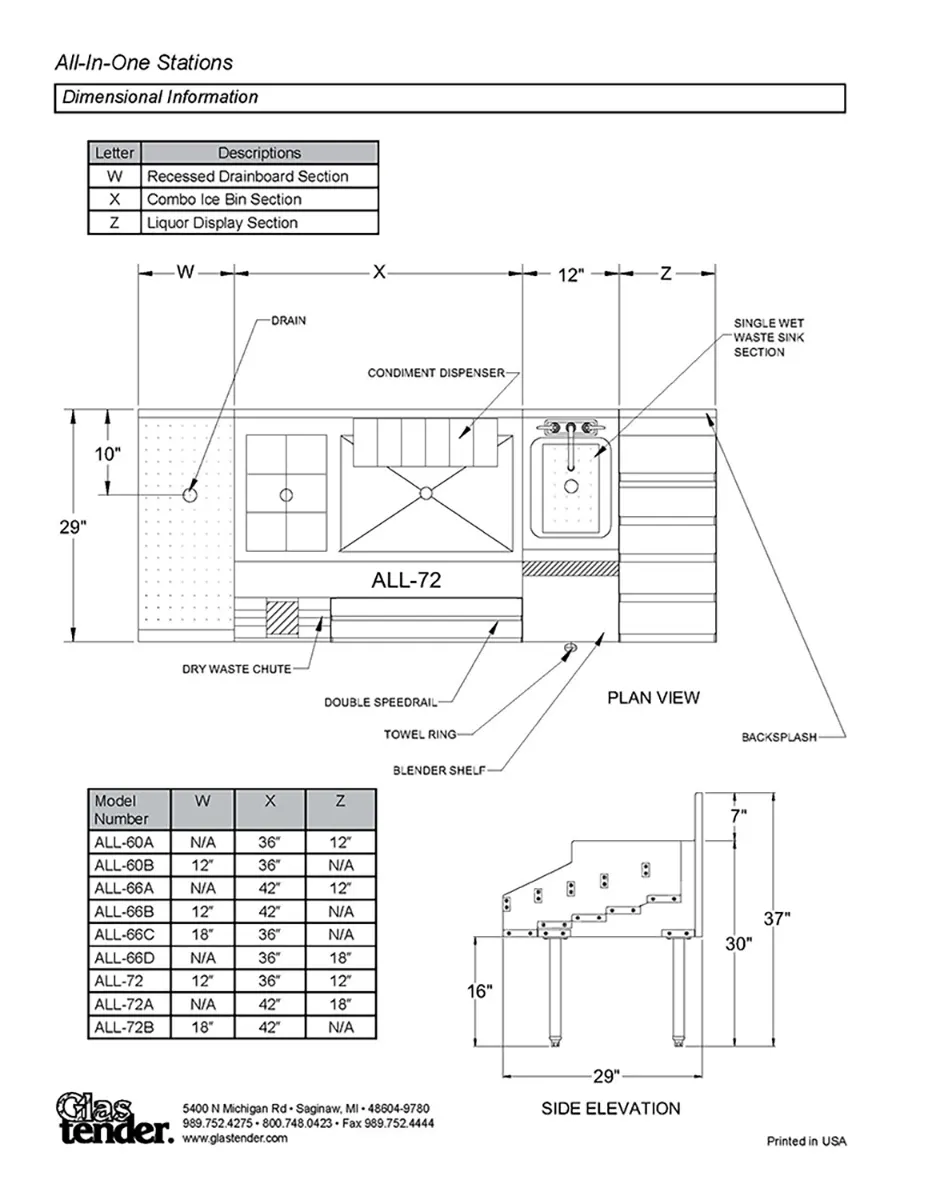 Glastender ALL-66A-CP10 66" Underbar Ice Bin/Cocktail Station  w/ 10 Circuit - 150 lbs / Center