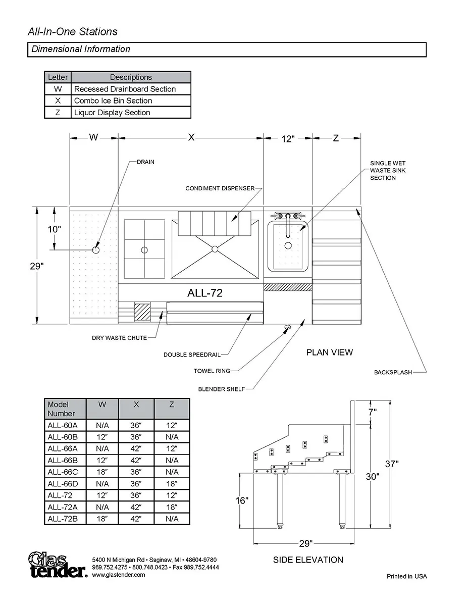 Glastender ALL-66D 66" Underbar Ice Bin/Cocktail Station, 18" Liquor Display / 125 lbs - Center