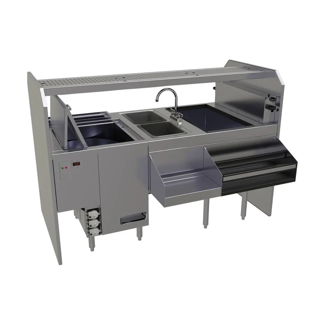 Glastender PSC-66L 66" Pass-Thru Combo Underbar Ice Bin/Cocktail Station w/ Overshelf & Glasswasher
