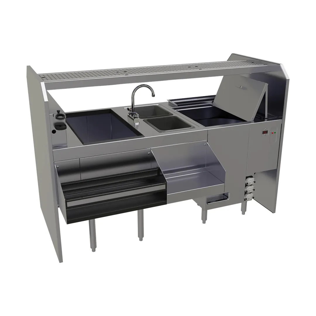 Glastender PSC-66R 66" Pass-Thru Combo Underbar Ice Bin/Cocktail Station w/ Overshelf & Glasswasher