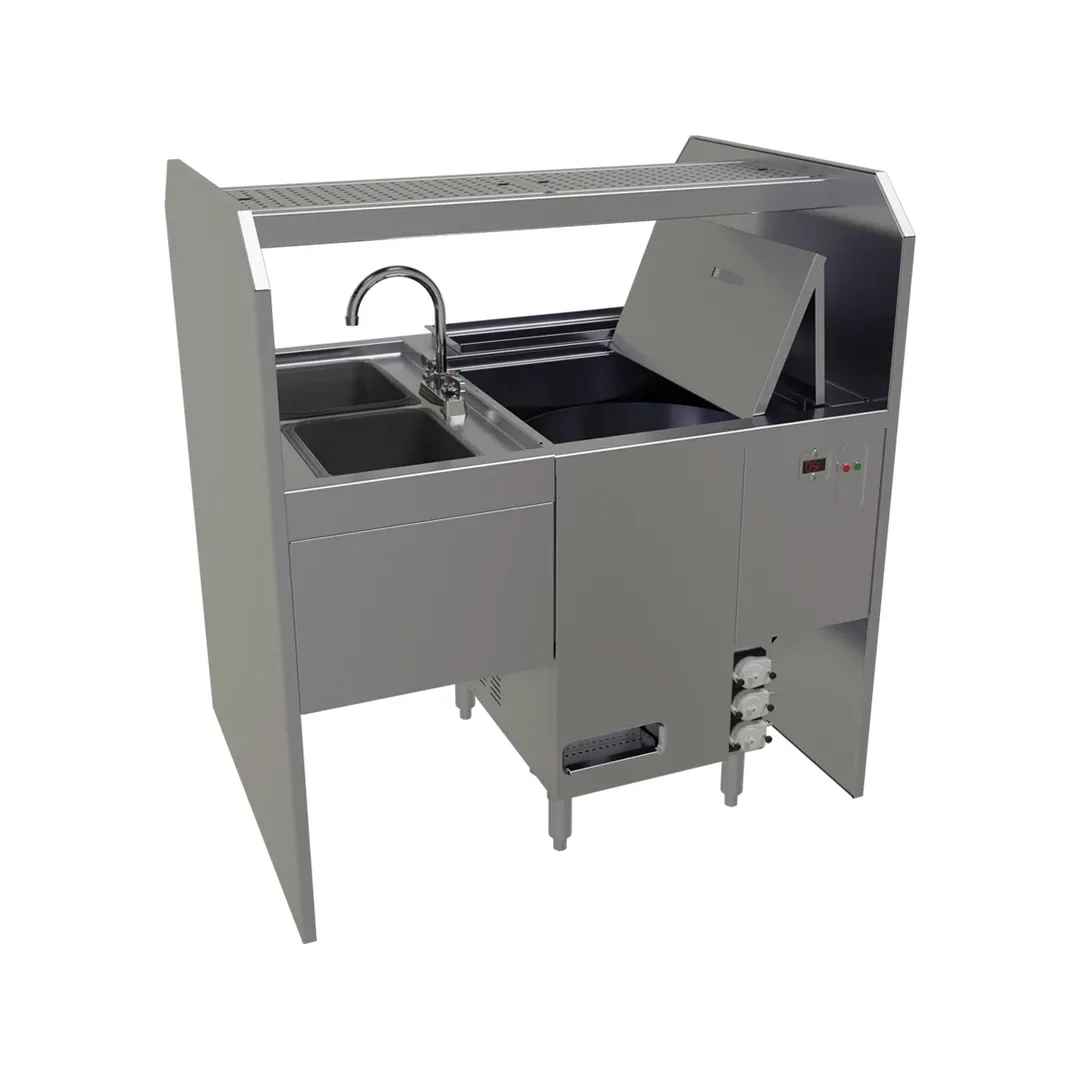 Glastender PSD-42R 42" Pass-Thru Combo Underbar Ice Bin/Cocktail Station w/ Overshelf & Glasswasher
