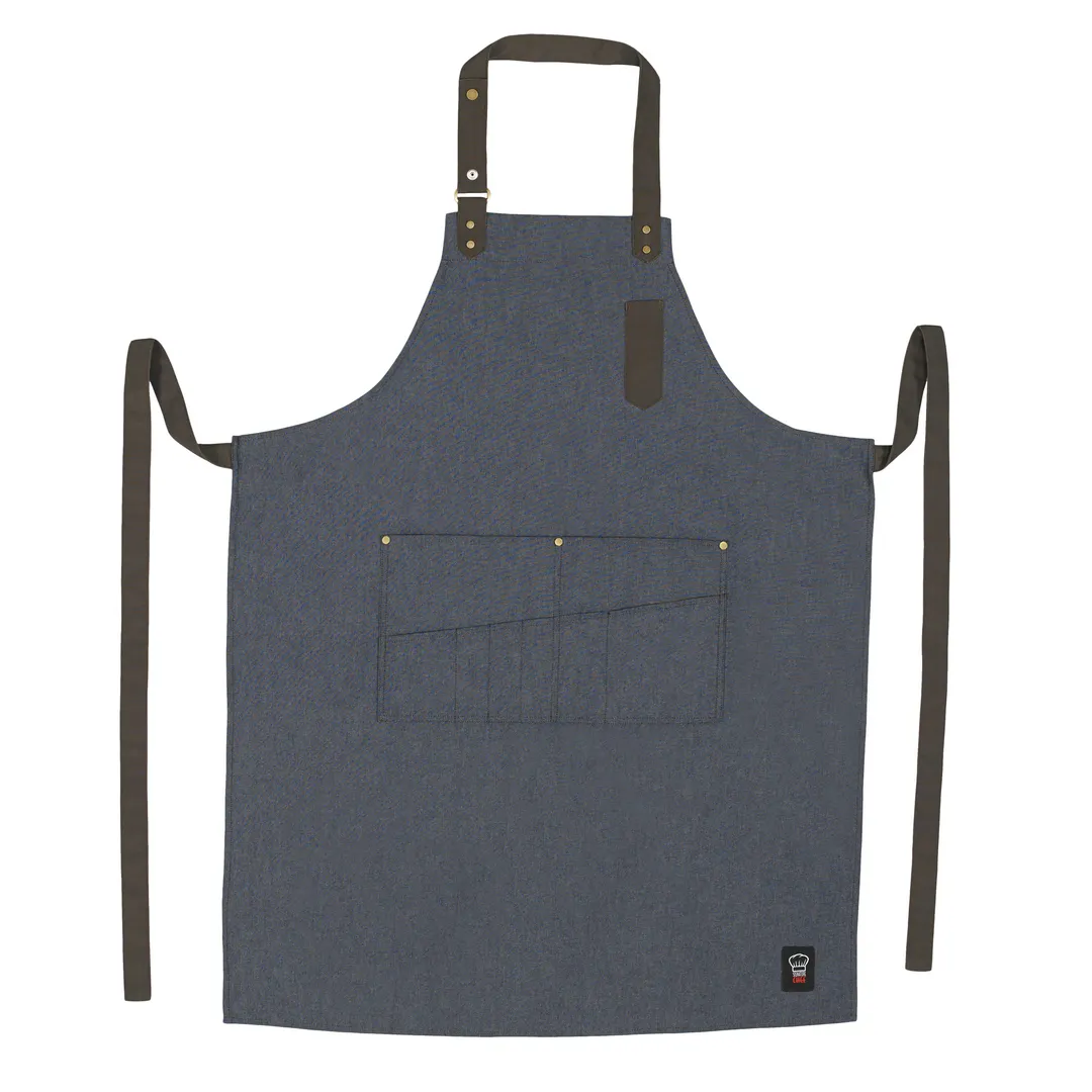 Winco BA-3327B Blue Bib Apron, 33.5" L x 27" W, 65/35 Poly-Cotton, 8 Waist Pockets + 1 Pen Pocket, Neck Strap, Washable