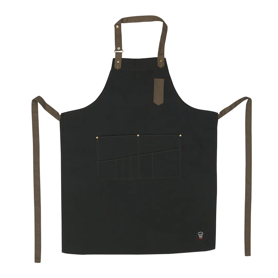 Winco BA-3327K Black Full-Length Bib Apron, 33½" L x 27" W, 80/20 Cotton-Poly, Neck Strap, 8 Pockets + 1 Pen Pocket