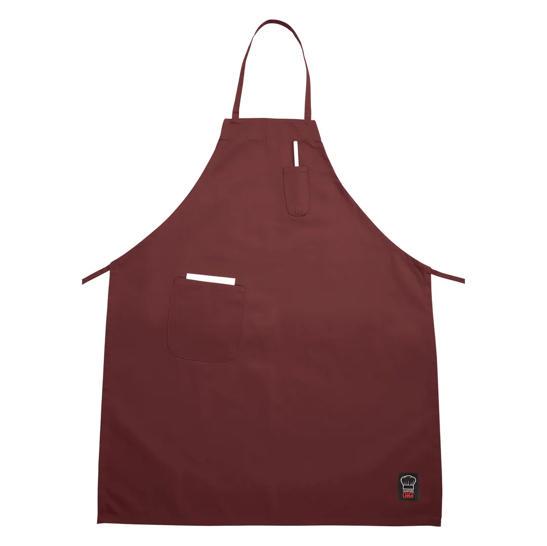 Winco BA-PBG Bib Apron – 33" x 26" Full Length, Burgundy, 65/35 Poly‑Cotton, Chef Style, 2 Pockets, Machine Wash/Dry