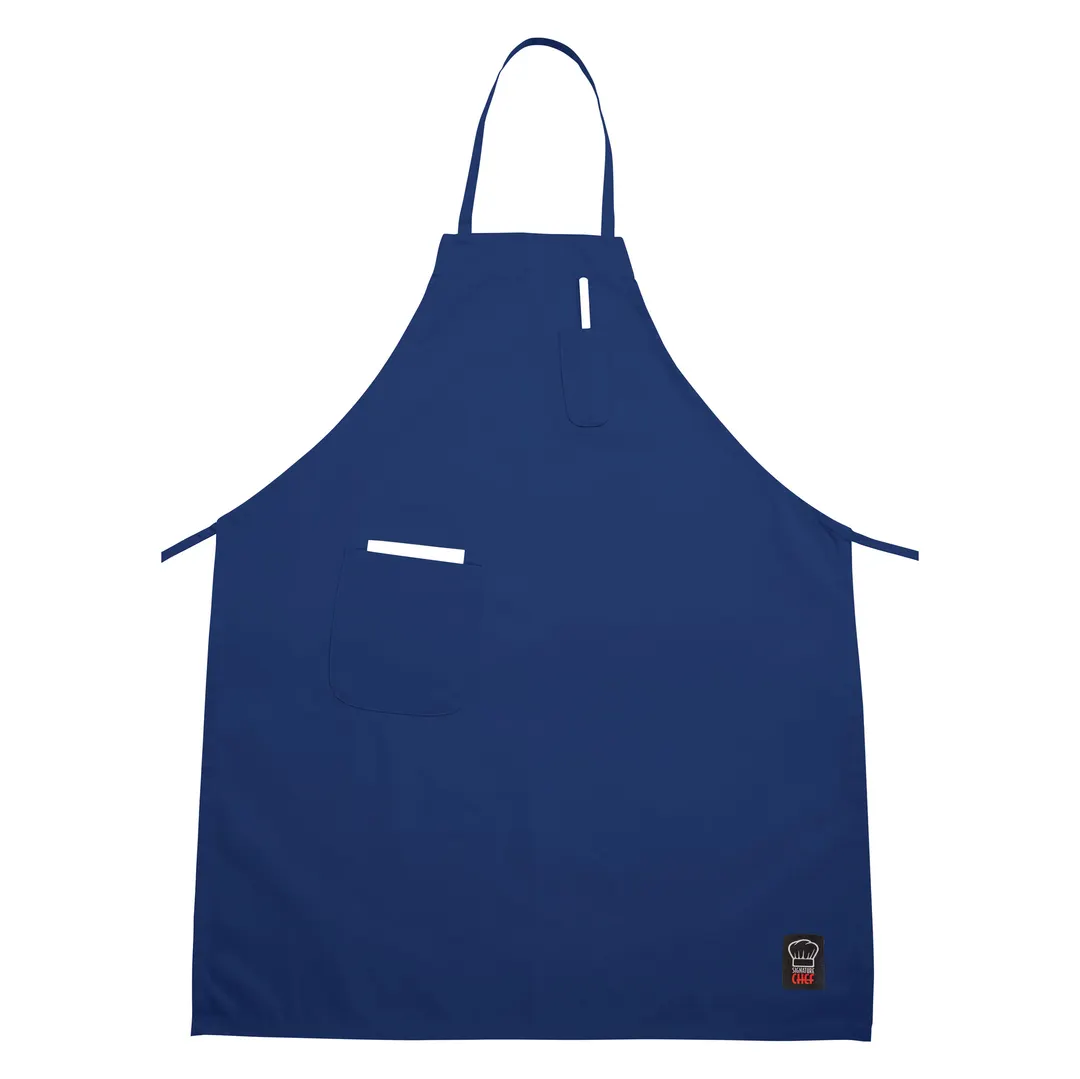 Winco BA-PBL - Blue Bib Apron, Full-Length 33" x 26", 2 Pockets, 65/35 Poly‑Cotton, Machine Washable, Chef Style
