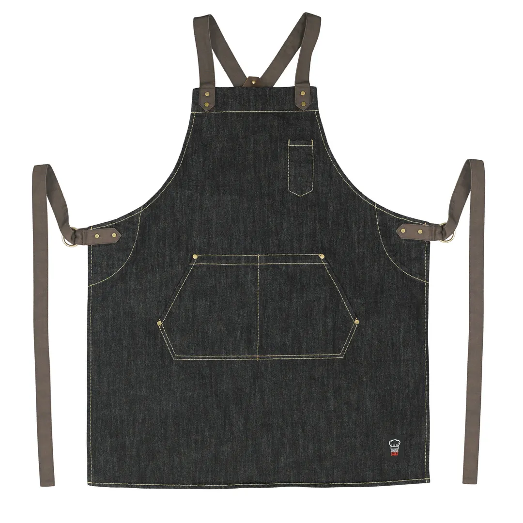 Winco BADN-3126 Bib Apron – 31.75" L x 26.75" W, blue denim with brown straps, cotton/poly blend, 3 pockets, washable
