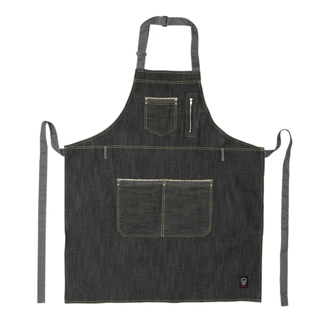 Winco BADN-3430 Village Bib Apron, 34-1/2" L x 30-1/4" W, denim, cotton‑poly, 3 pockets + zip pouch, machine washable