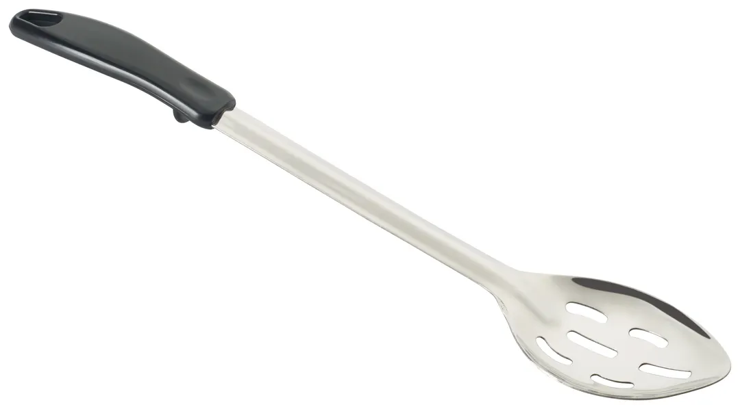 Winco BHSP-15 15" Slotted Basting Spoon with Stop Hook Black Polypropylene Handle