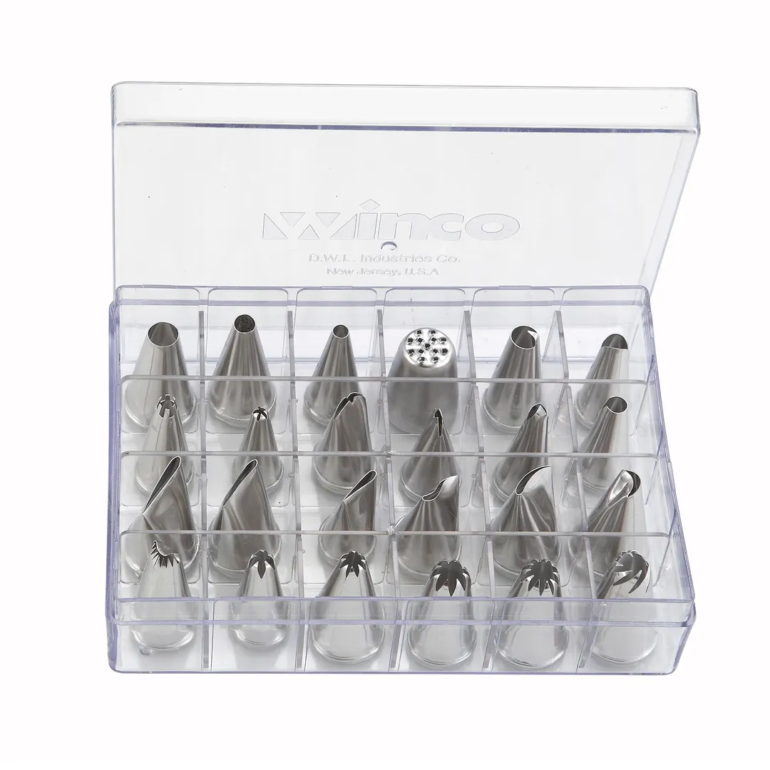 Winco CDT-24 Cake Decorating Tip Set, 24‑Piece Stainless Cream Nozzle Set with Storage Box