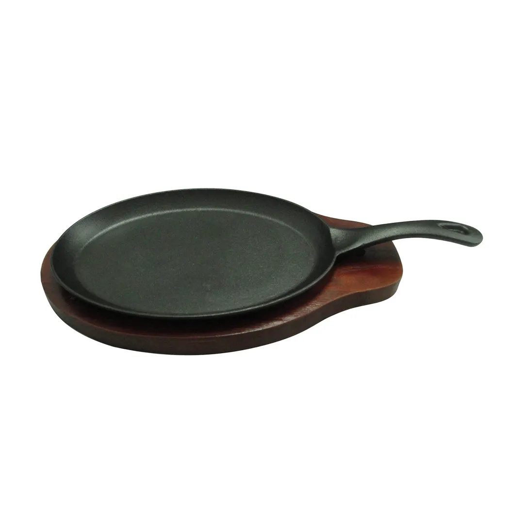 Winco FS-2 2‑Piece Oval Fajita Server Set, 10" Cast Iron Skillet with Wooden Under Liner