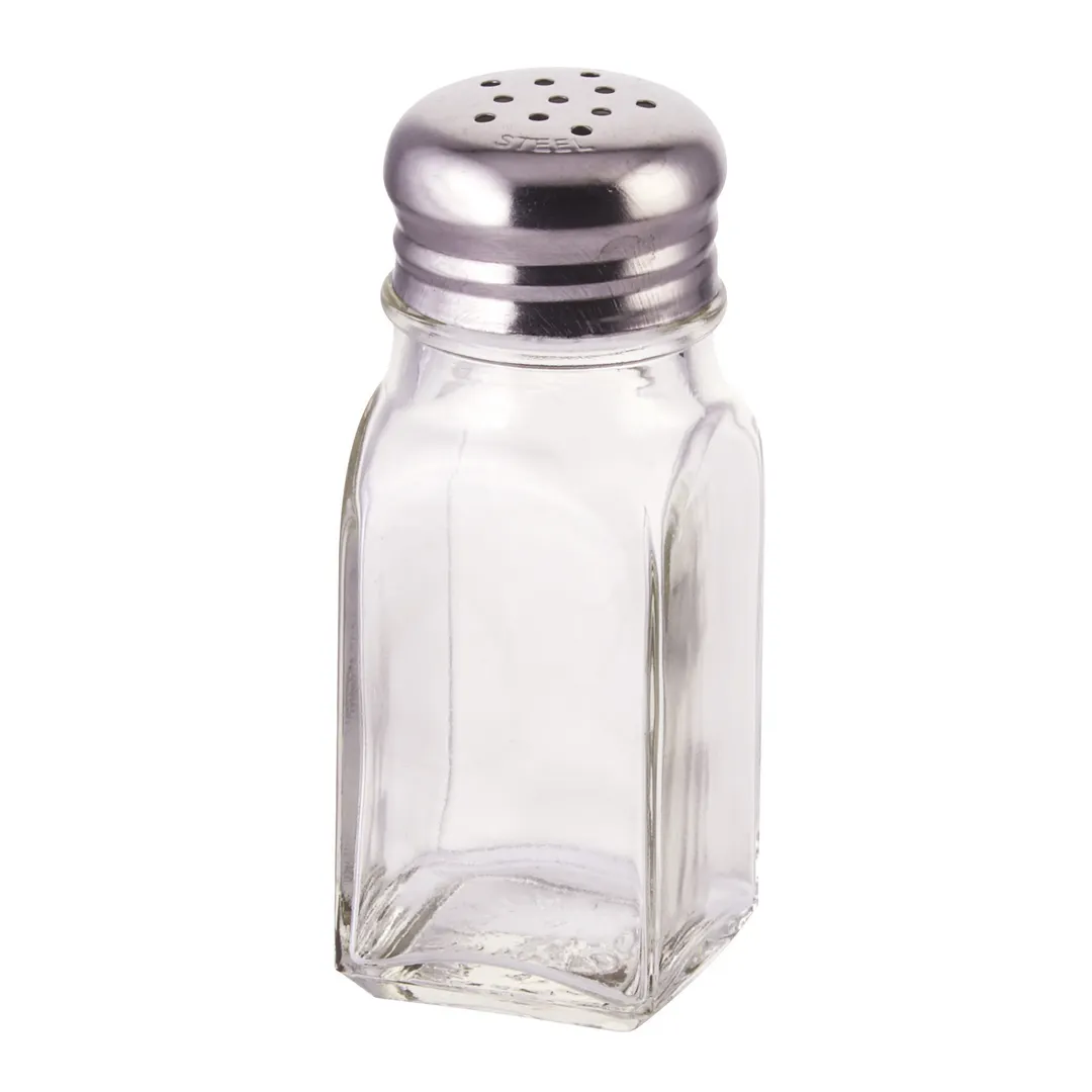 Winco G-109 2 oz. Square Glass Shaker, Single, Stainless Steel Mushroom Top, 18/0 Finish - 1 Dozen