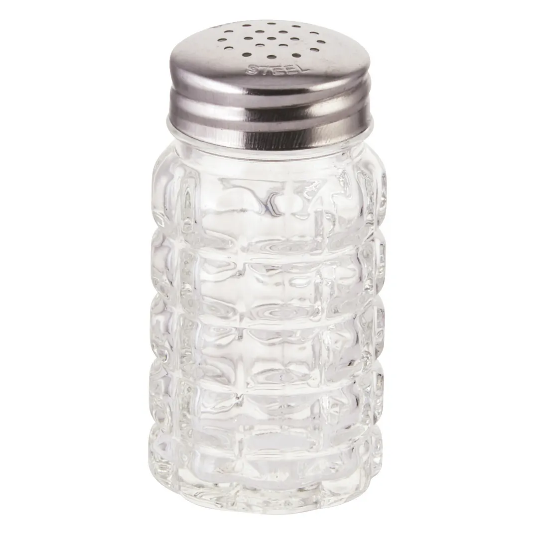 Winco G-118 2 oz Single Salt & Pepper Shaker, Glass Jar with Stainless Steel Flat Top - 1 Dozen
