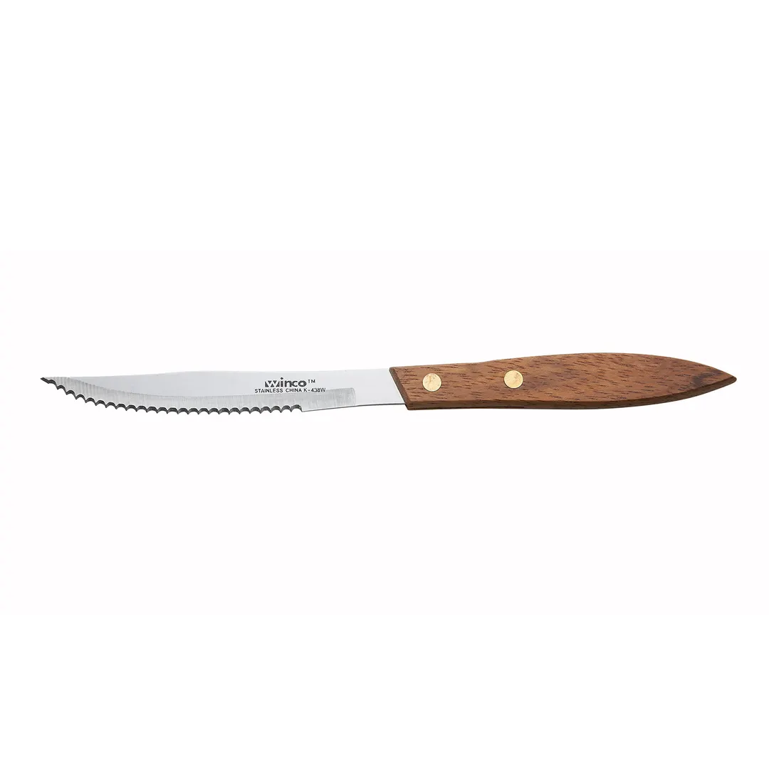 Winco K-438W 9-1/4" Steak Knife, 4-3/8" Stainless Steel Blade, Wooden Handle - 1 Dozen