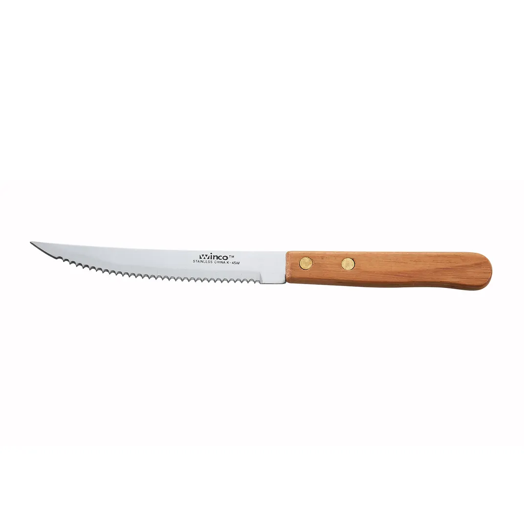 Winco K-45W Steak Knife, 8.5" OAL, 4.5" Stainless Steel Blade Pointed Tip, Wood Handle - 1 Dozen
