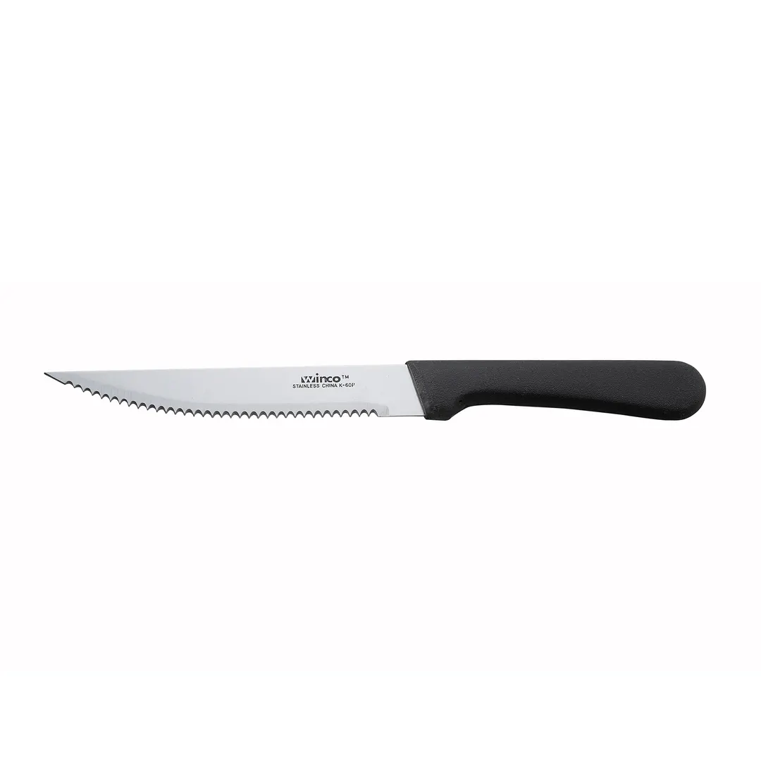 Winco K-60P Steak Knife – 5" Steel Blade, Pointed Tip, 8.9" OAL, Stamped, Plastic Handle - 1 Dozen