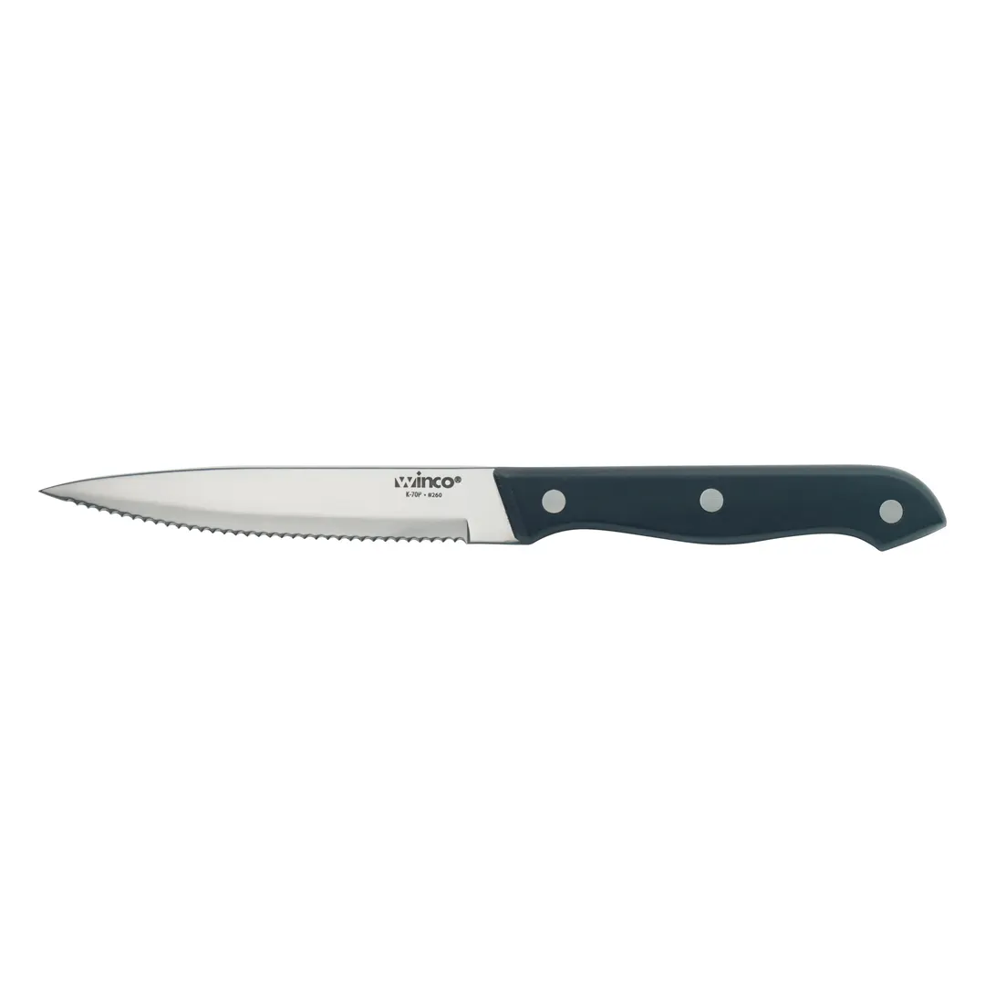 Winco K-70P 5" Steak Knife, 9-3/8" Overall, Stainless Steel, POM Handle, Pointed Tip - 1 Dozen