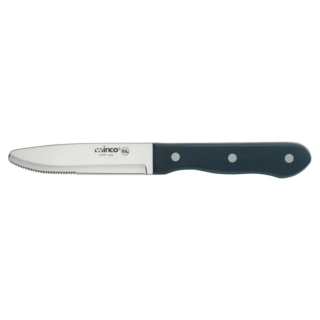 Winco K-81P Steak Knife, 9-3/4" L, 4-3/4" Stainless Blade, Round Tip, POM Handle, Stamped - 6/Pack
