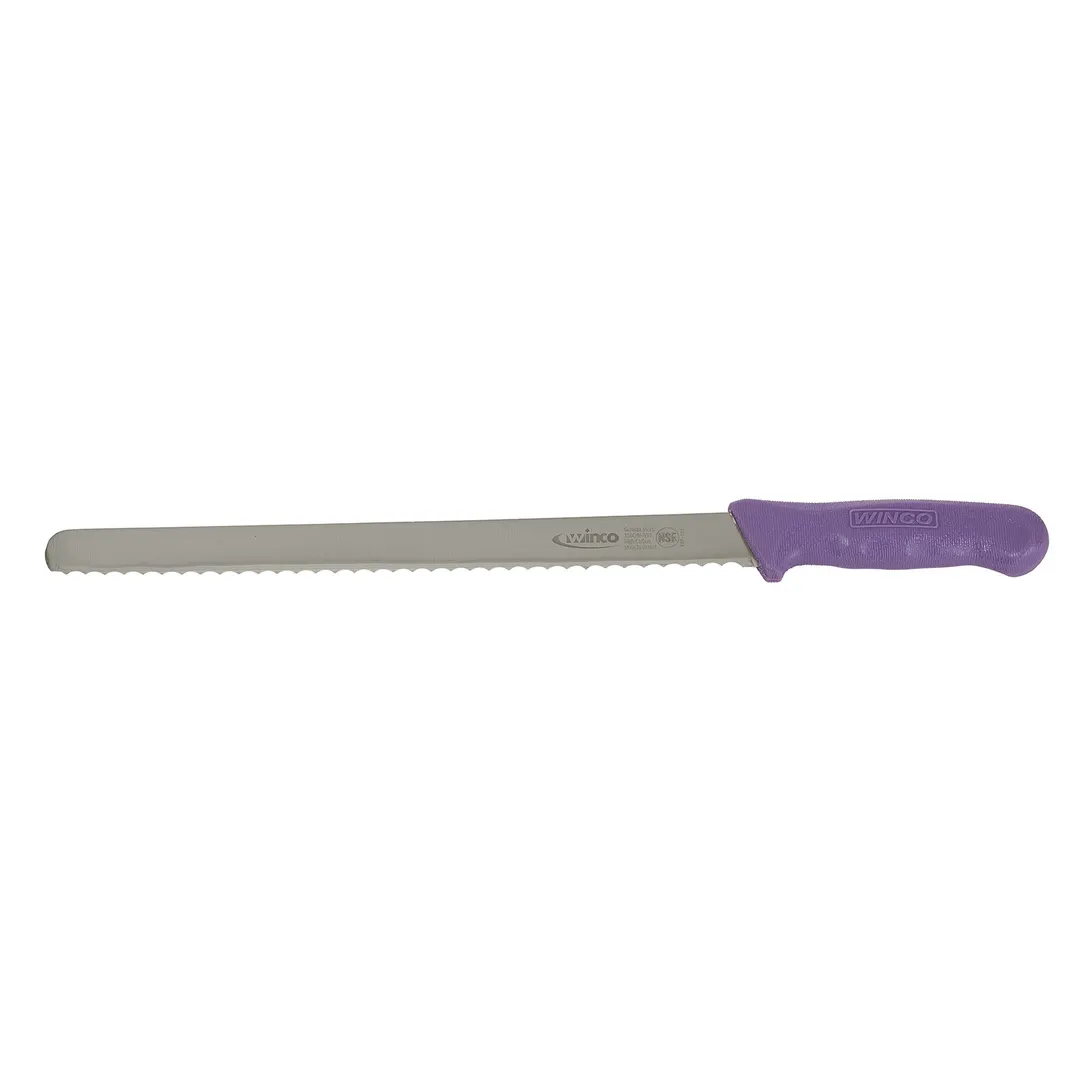 Winco KWP-121P 12" Allergen Free Purple Handle Stainless Steel Straight Bread Knife
