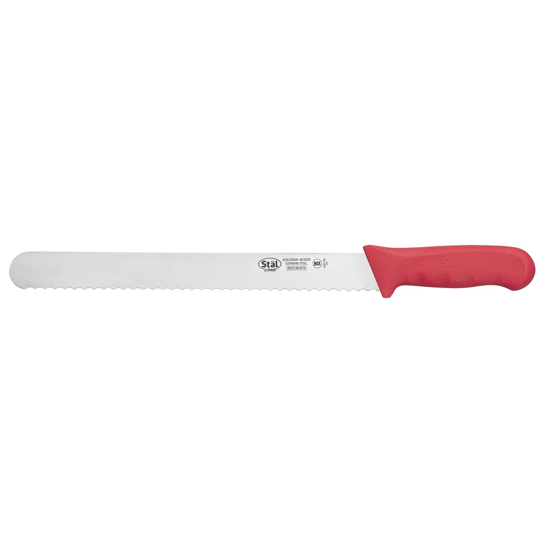 Winco KWP-121R Stäl 12" German Steel Straight Bread Knife w/ Red Handle