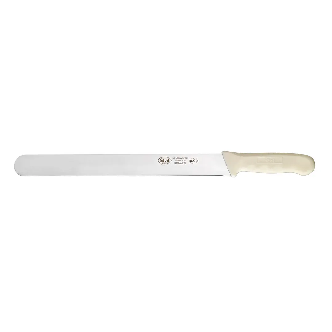 Winco KWP-122 High Carbon Steel 12" Roast Beef Slicing Knife w/ White Polypropylene Handle