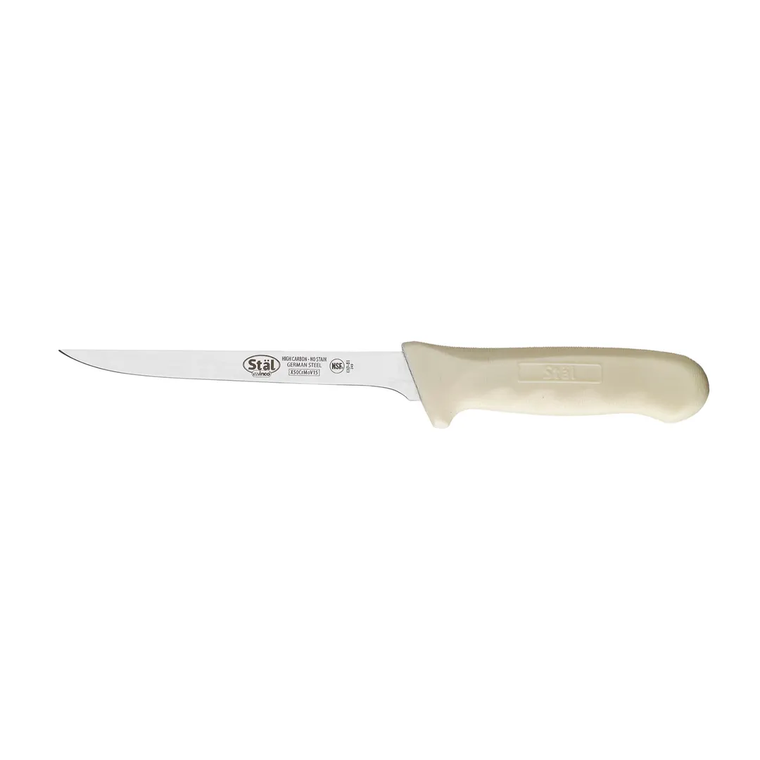 Winco KWP-61 Stäl 6" High Carbon Stainless Steel Narrow Boning Knife w/ White Handle