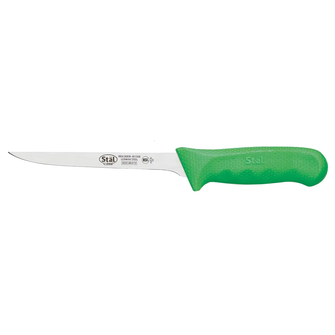 Winco KWP-61G Stäl 6" High Carbon Stainless Steel Narrow Boning Knife w/ Green Handle
