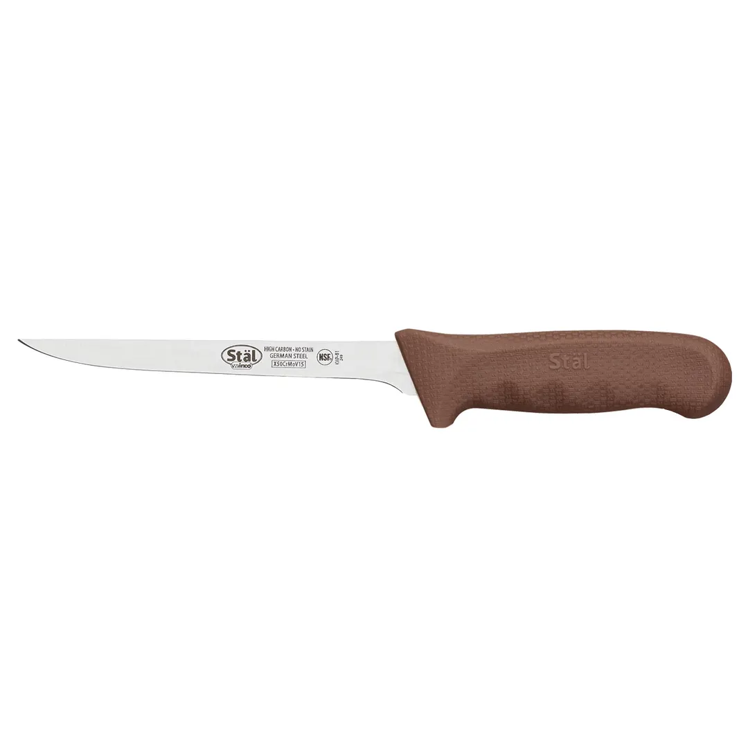 Winco KWP-61N Stäl 6" High Carbon Stainless Steel Narrow Boning Knife w/ Brown Handle