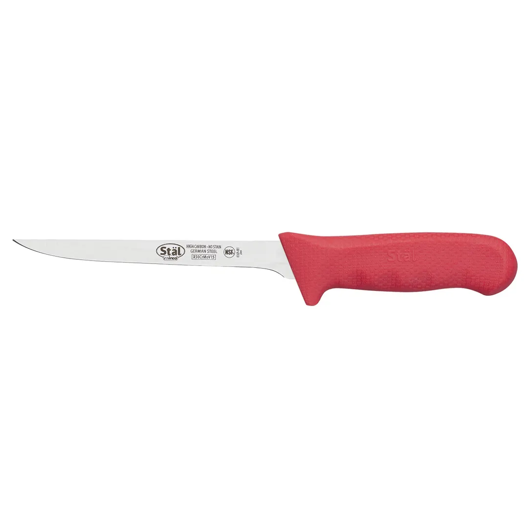 Winco KWP-61R Stäl 6" High Carbon Stainless Steel Narrow Boning Knife w/ Red Handle