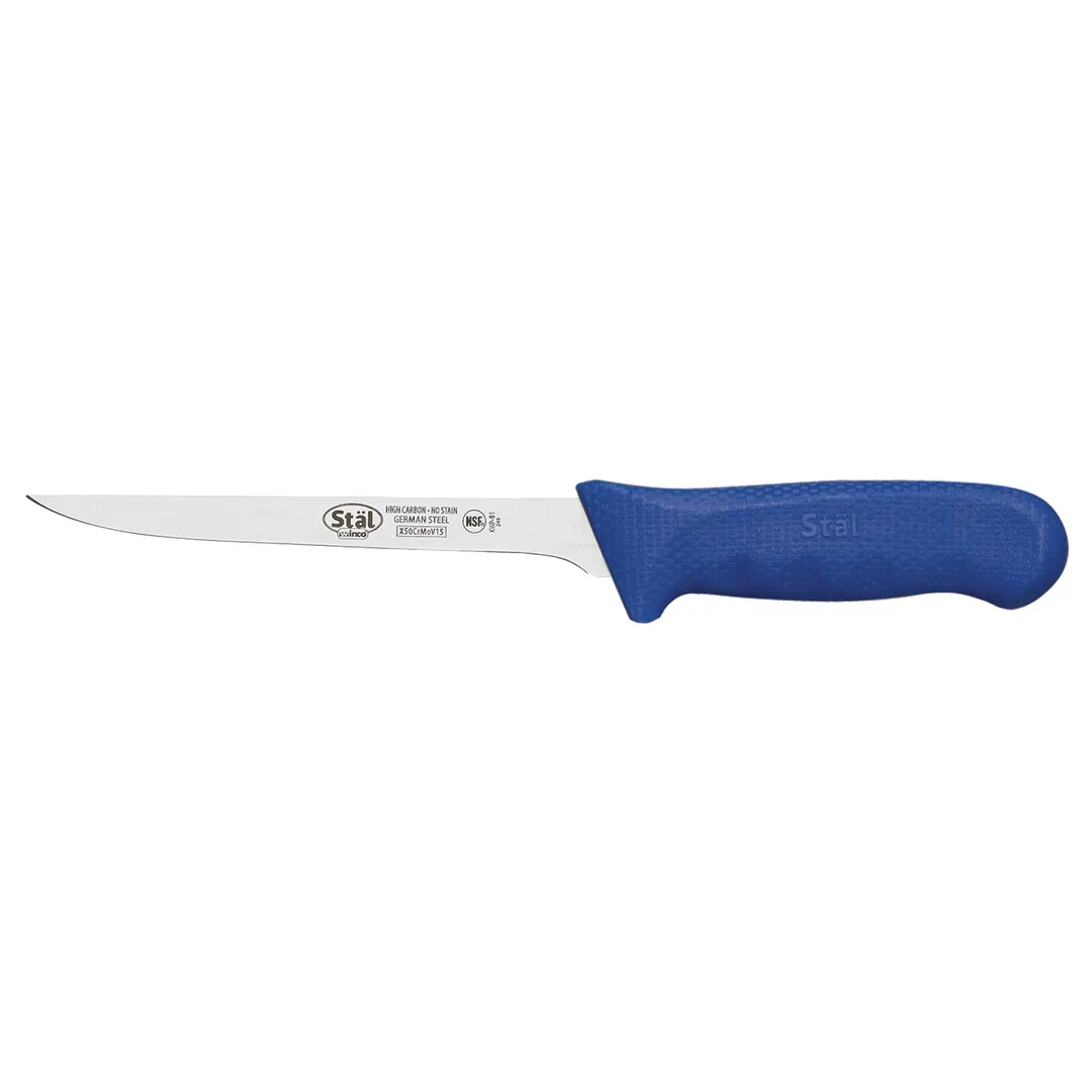 Winco KWP-61U Stäl 6" High Carbon Stainless Steel Narrow Boning Knife w/ Blue Handle
