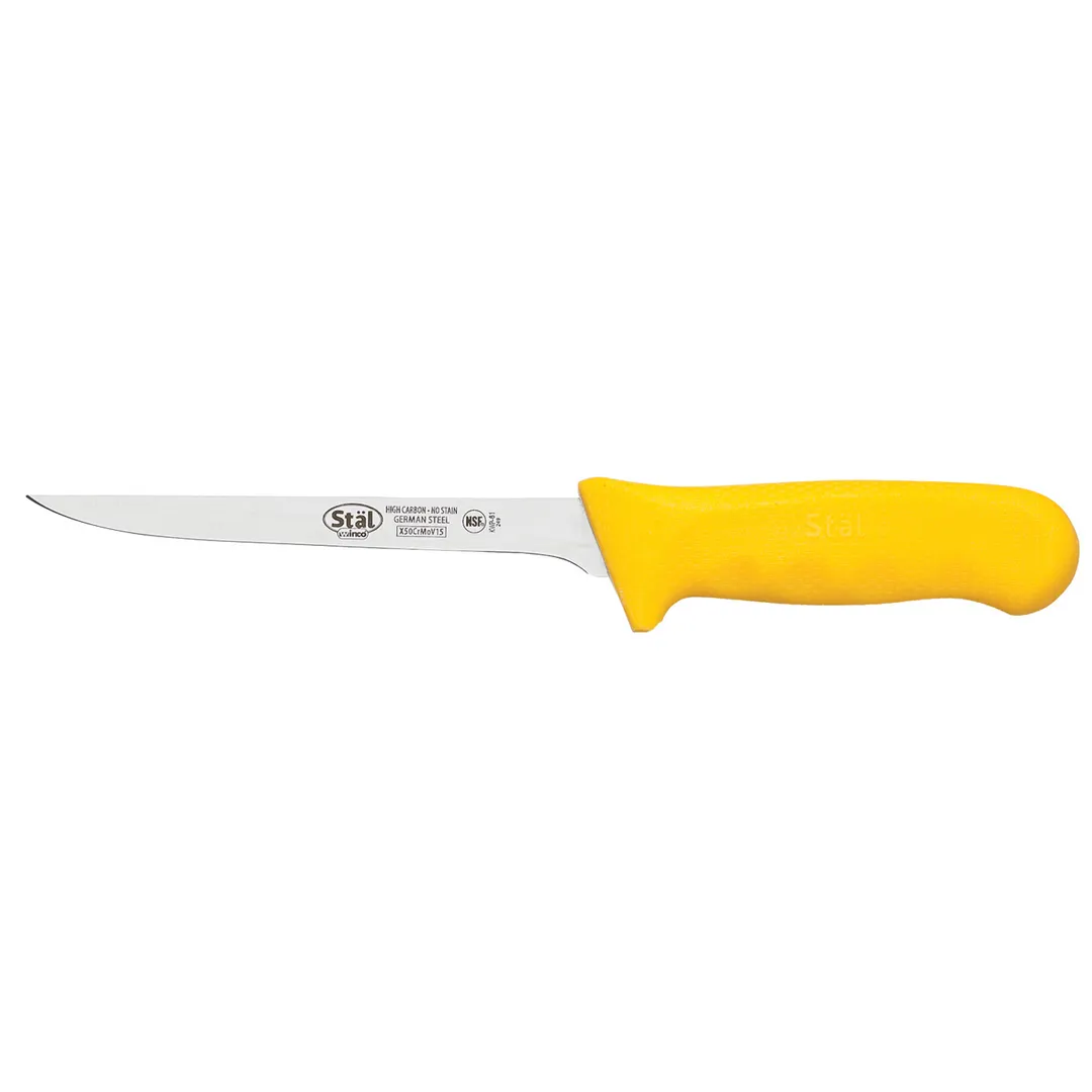 Winco KWP-61Y Stäl 6" High Carbon Stainless Steel Narrow Boning Knife w/ Yellow Handle