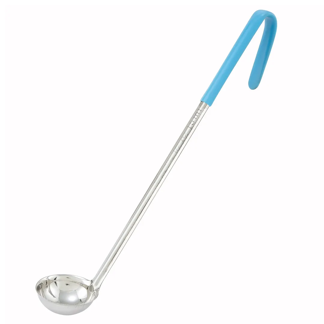 Winco LDC-05 Stainless Steel 12" 1 Piece 1/2 oz. Serving Ladle w/ Teal PVC Coated Handle