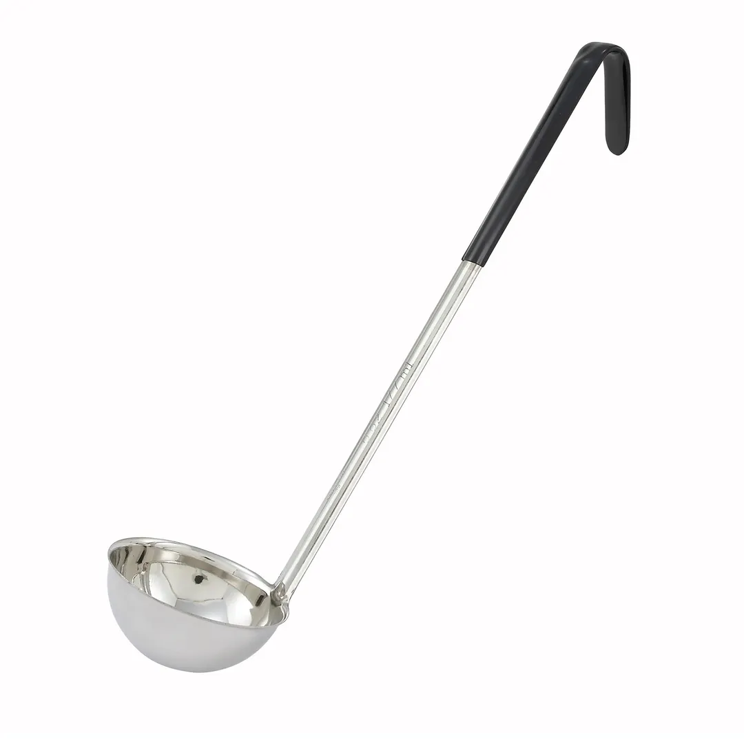Winco LDC-6 Stainless Steel 15 1/2" 1 Piece 6 oz. Serving Ladle w/ Black PVC Coated Handle