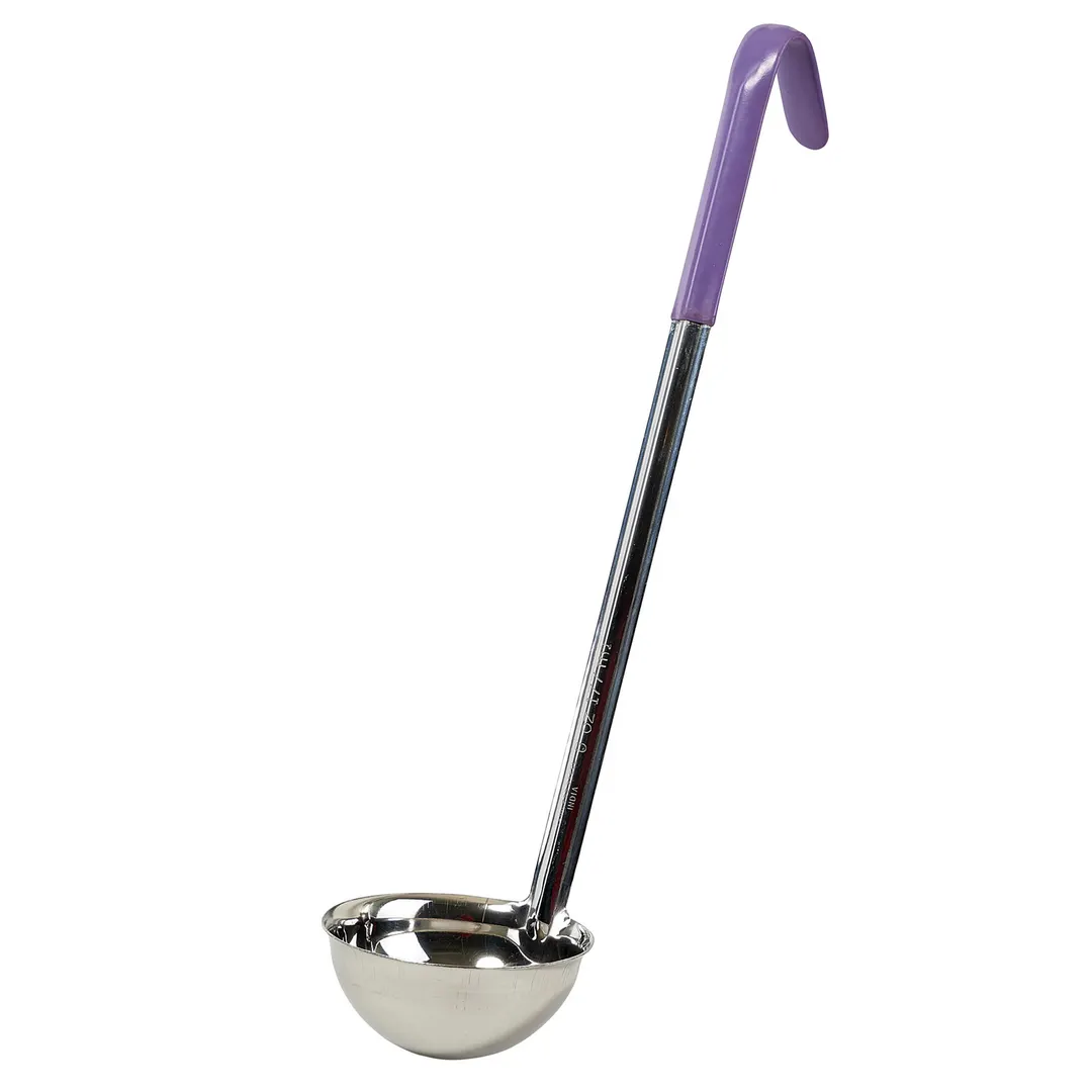 Winco LDC-6P 6 oz. Allergen Free Purple Handle One-Piece Stainless Steel Ladle