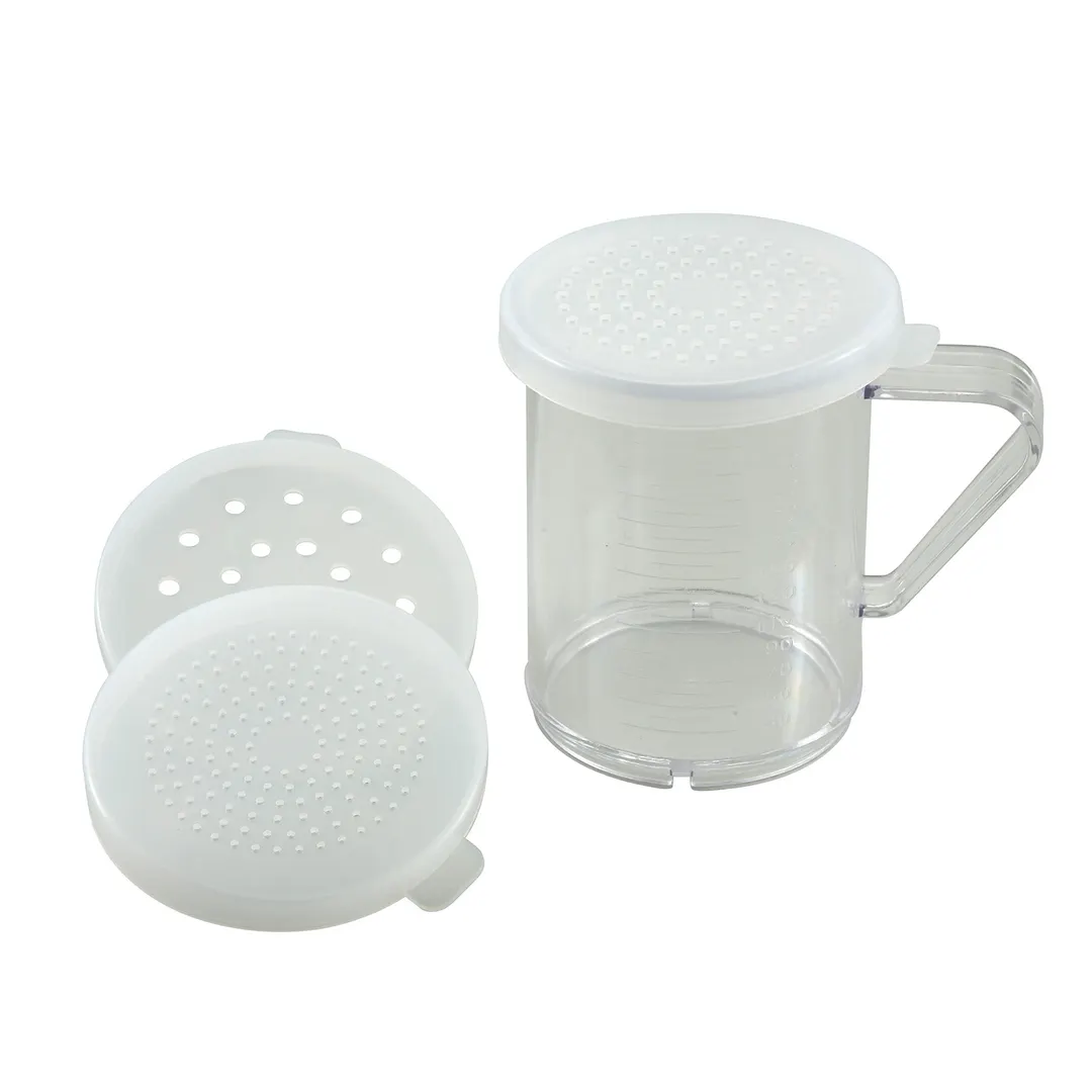 Winco PDG-10 Clear 10 oz. Polycarbonate Dredge with 3 Snap-On Lids (small, medium, & large)