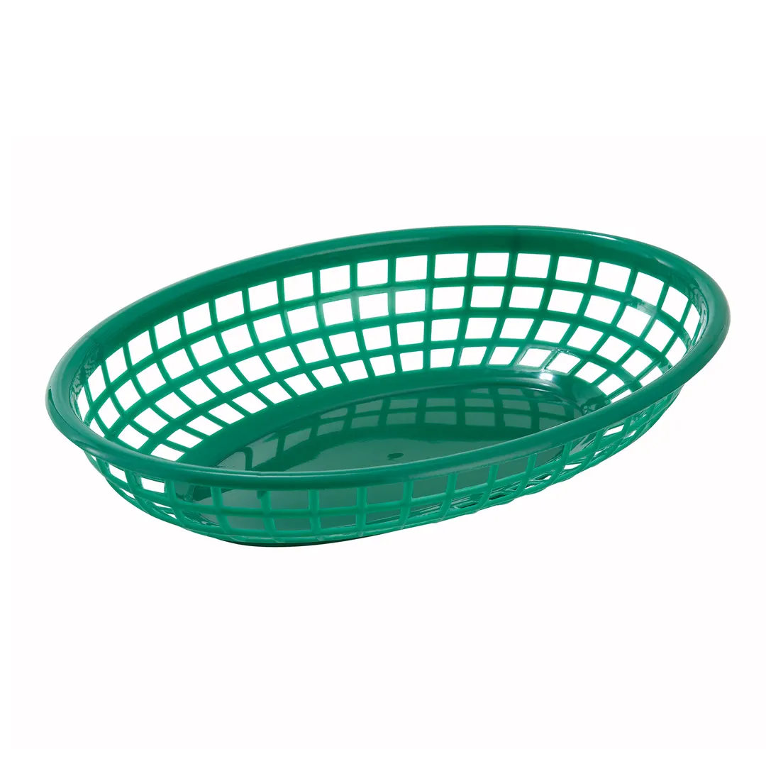 Winco PFB-10G Food Basket, Oval Green Plastic, 9.5" x 5" x 2", Microwave Safe to 150°F - 1 Dozen