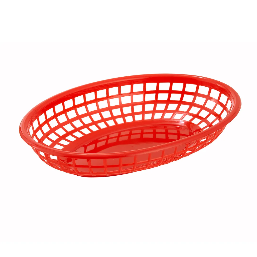 Winco PFB-10R Oval Fast Food Basket 9.5"x5"x2" Red Plastic Microwave Safe 150°F BPA-Free - 1 Dozen