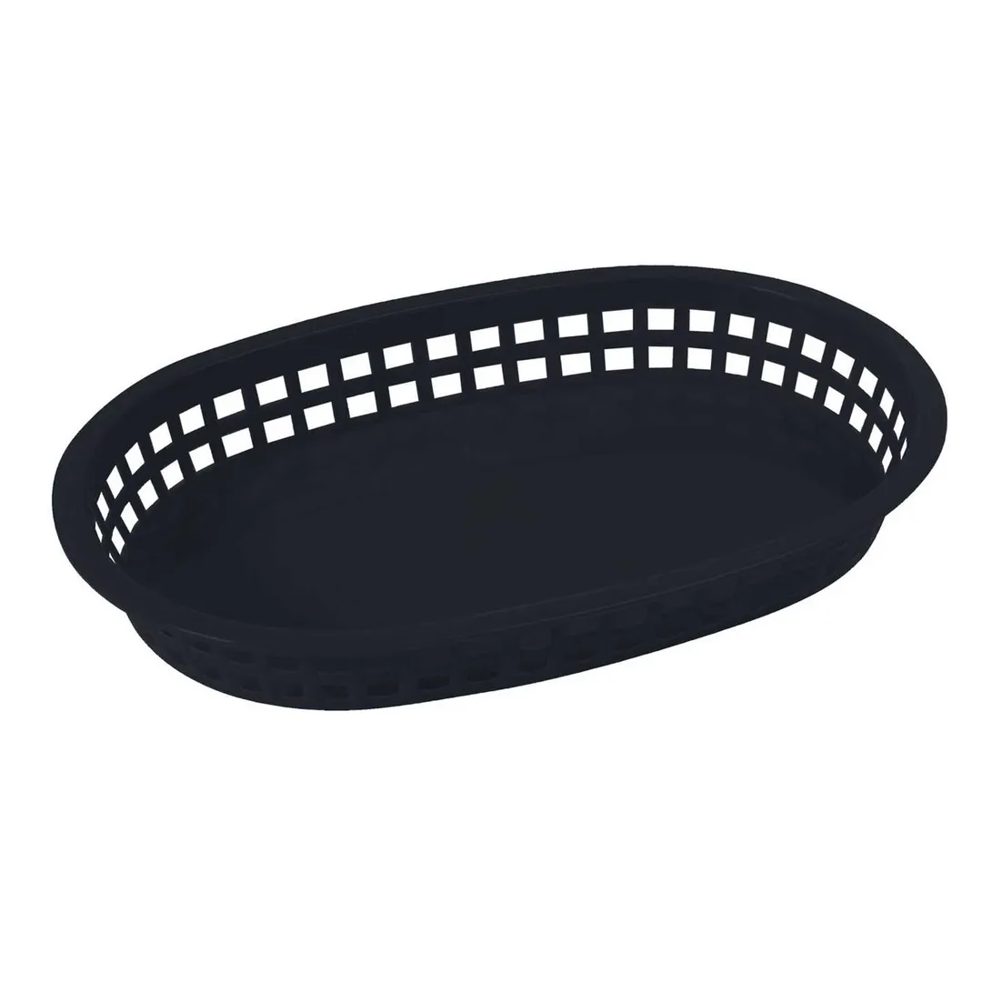 Winco PLB-K Black Oval Platter Basket, 10.75" x 7.25" x 1.5", Lamp Safe to 150°F, NSF - 1 Dozen