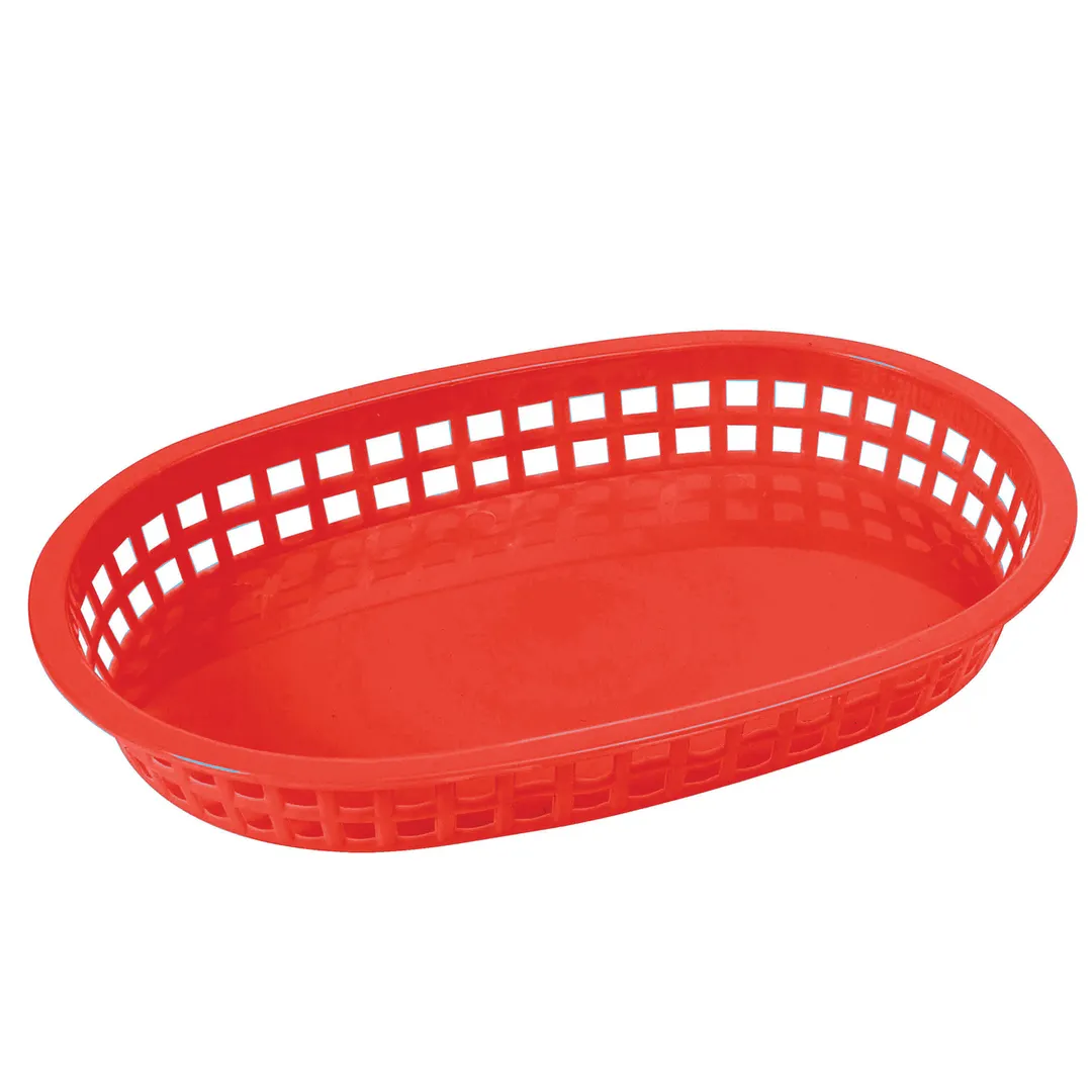 Winco PLB-R Oval Platter Basket, 10.75" x 7.25" x 1.5" Red Poly, Safe 150°F, BPA-Free - 1 Dozen