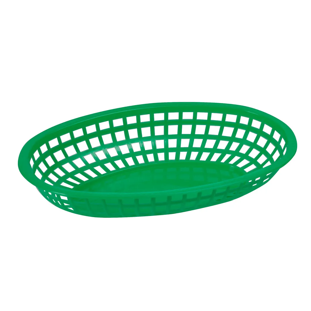 Winco POB-G Oval Food Basket 10.25" x 6.75" x 2" Green Plastic Safe to 150°F BPA‑Free - 1 Dozen