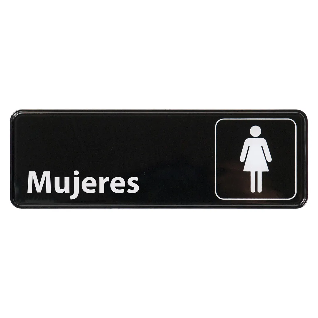 Winco SGN-369  White Imprint on Black 3" x 9" Spanish Women Information Sign