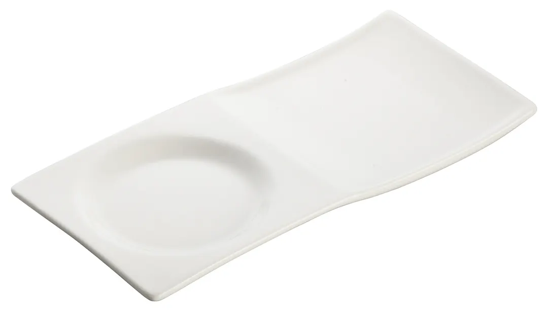 Winco WDP012-101 Rectangular Porcelain Tray, 8" x 3-3/4", White with Circular Well - 36/Case