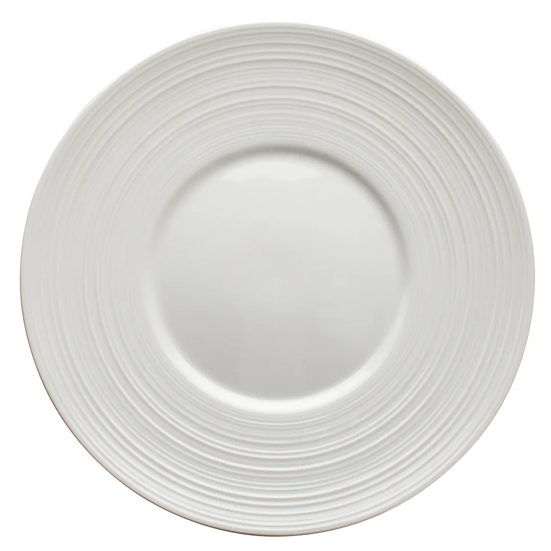 Winco WDP022-106 Zendo 8-1/8" Round Wide Rim Porcelain Plate White Embossed Dishwasher‑Safe - 36/Case