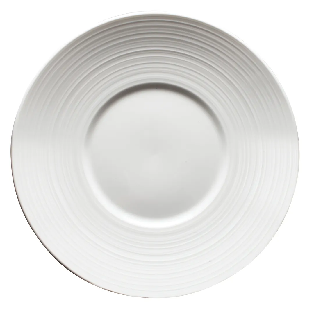 Winco WDP022-108 Zendo 10" Round Wide Rim Embossed Porcelain Plate, Bright White - 24/Case