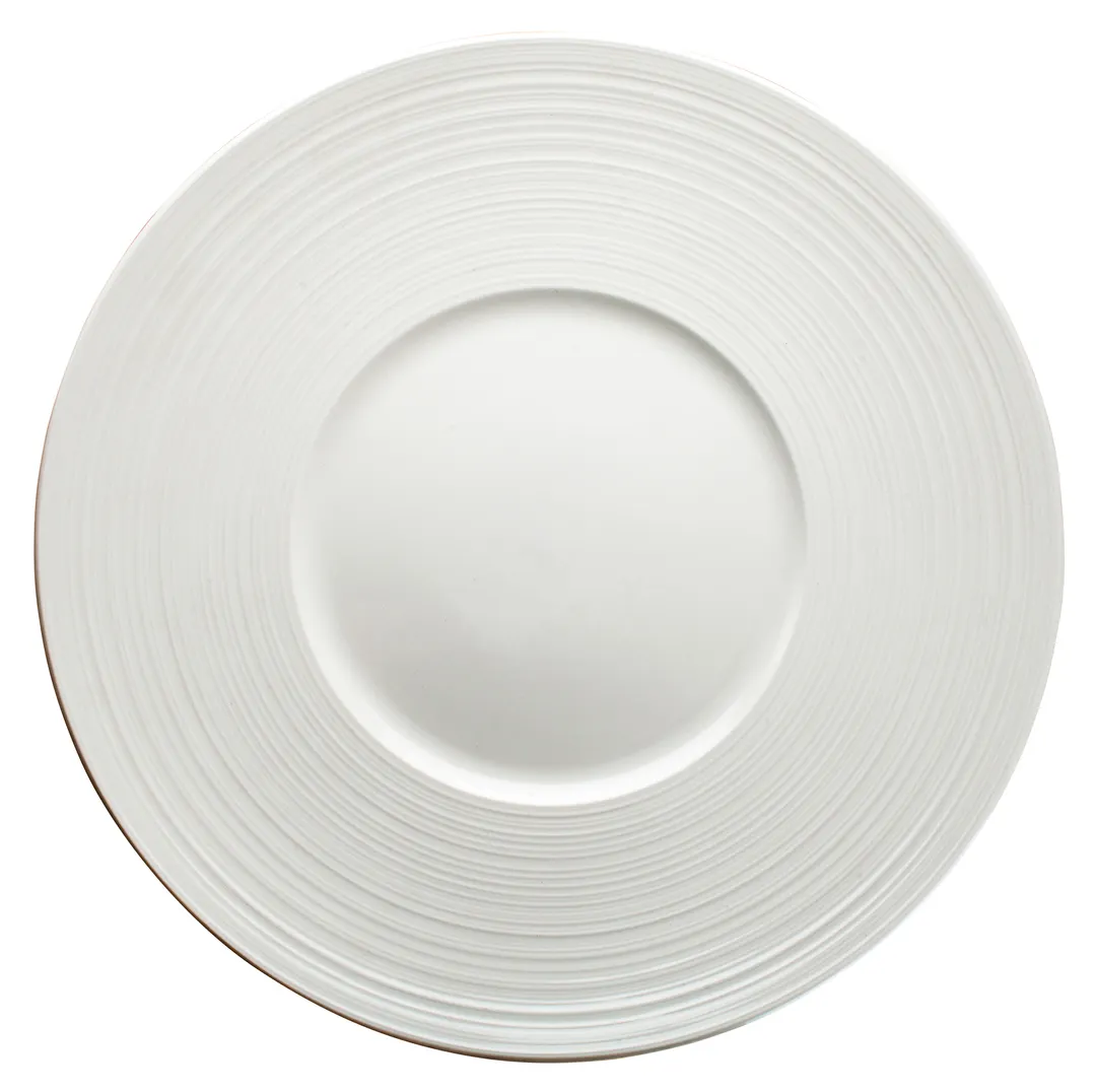 Winco WDP022-110 Zendo 12-1/8" Round Wide Rim Porcelain Embossed Plate, Bright White - 12/Case