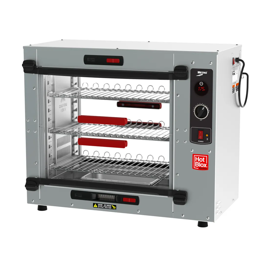 Metro HBCS6-BP HotBlox Xpress S6 "Countertop" 3-Shelf Heated Holding Cabinet, All Aluminum, Clear Flip Doors, Thermostatic Control
