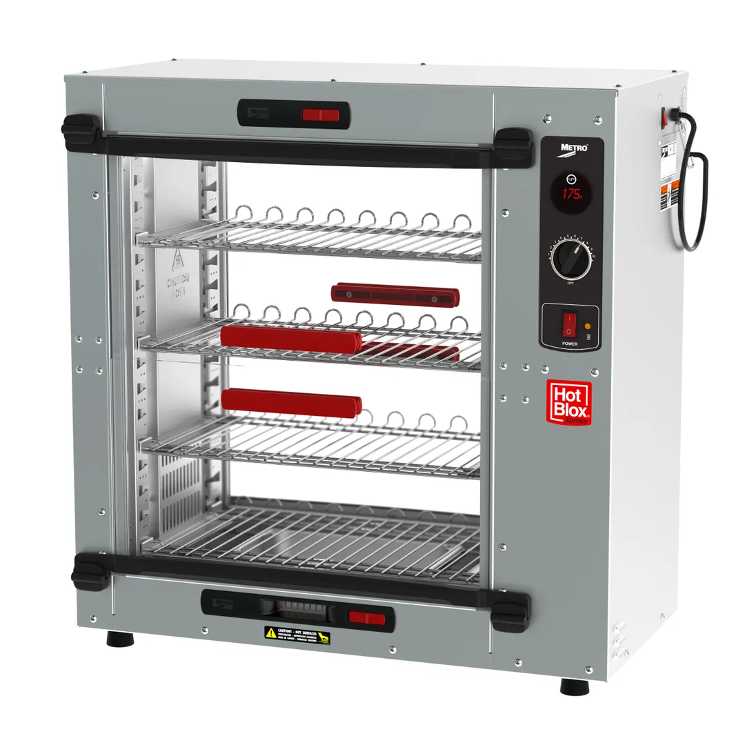 Metro HBCS8-BP HotBlox Xpress S8 Countertop Holding Cabinet, 4 Shelves, All Aluminum, Clear Flip Doors, 875W, 120V