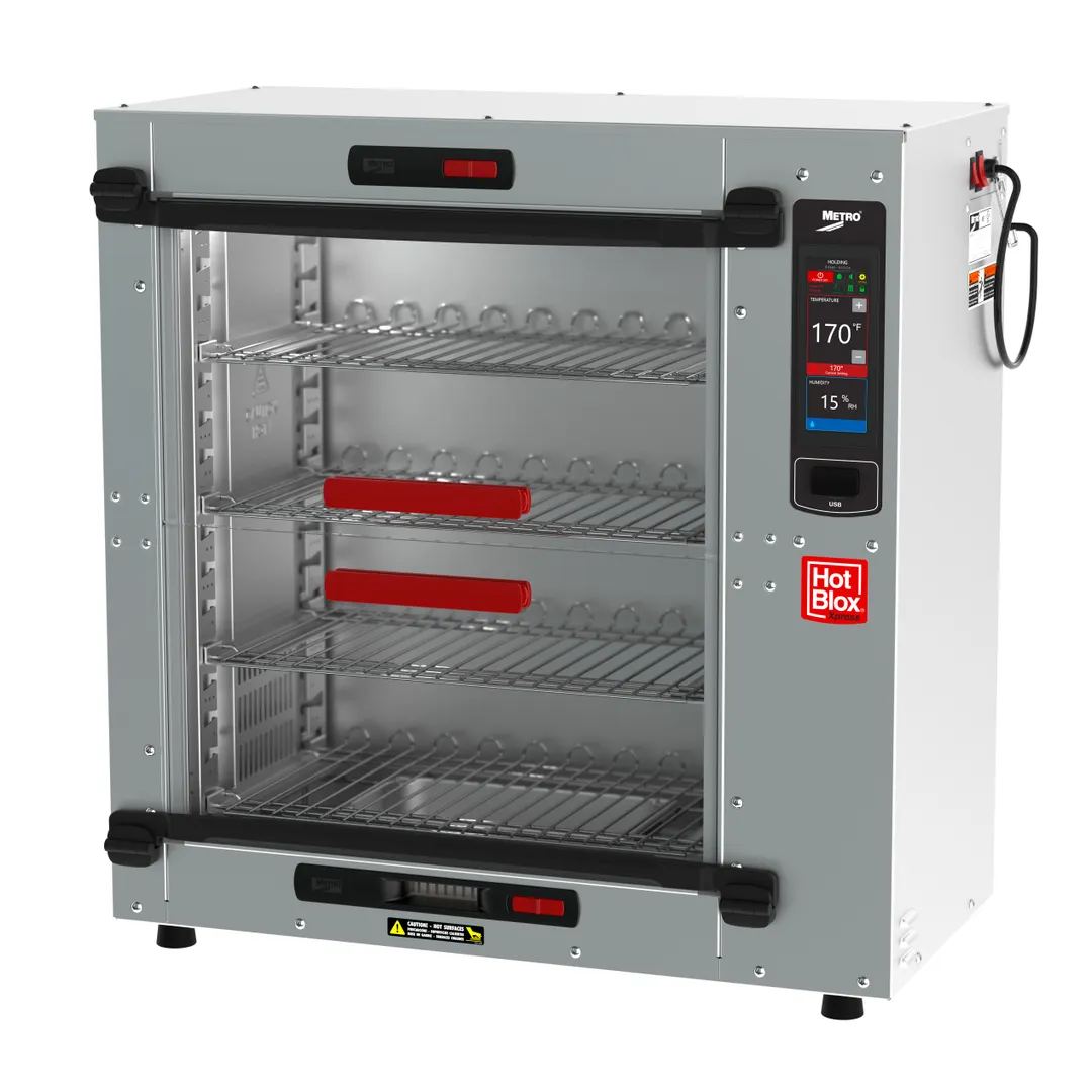 Metro HBCS8-T HotBlox Xpress S8 Holding Cabinet, Countertop, 4 Shelves, All Aluminum, Clear Flip Doors, 875W, 120V
